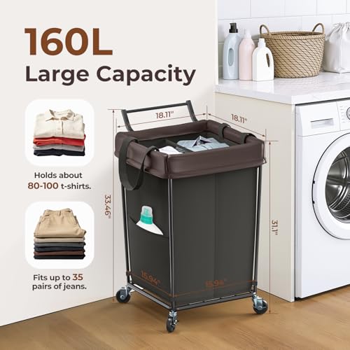 Mefirt 160L Laundry Hamper with Wheels and Handle, 2 Section Laundry Hamper with Wheels, Large Rolling Laundry Basket, Dirty Clothes Hamper Cart on Wheels for Laundry, Bedroom, Bathroom and Dorm - color: Black