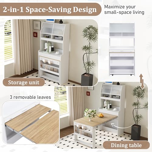Spaco 2-in-1 Folding Dining Table and Buffet Cabinet Set,Compact Pull-Out Kitchen Table with Wheels,Storage Shelf and Side Hooks,Multifunctional Cupboard for Small Place (White & Oak) - color: White & Oak