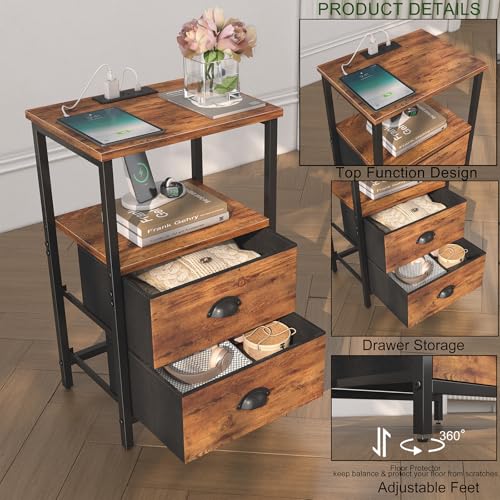 Sthmec Rustic Brown Industrial Nightstand Set of 2, Bedside Table with 2 Fabric Drawers, 3-Tier Storage, LED Light, Charging Station, 11.38''D * 15.38''W* 24.75''H - color: Rustic Brown