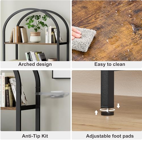 Homhedy 6-Tier Arched Bookshelf, Display Racks, Tall Book Shelf, 73.6" H | Wood and Metal Bookcase, Industrial Display Standing Shelf Unit, for Home, Office, Living Room, Bedroom, Rustic Brown - size: 6 Tier -23.6"W
