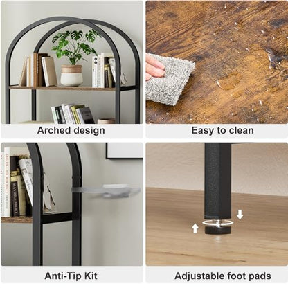 Homhedy 6-Tier Arched Bookshelf, Display Racks, Tall Book Shelf, 73.6" H | Wood and Metal Bookcase, Industrial Display Standing Shelf Unit, for Home, Office, Living Room, Bedroom, Rustic Brown - size: 6 Tier -23.6"W