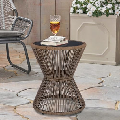 SUNNYPARK Small Outdoor Side End Table Modern Hourglass Style 20" H | Tempered Glass Top, Hand-Woven Rope, Easy Assembly, All Weather, Round Accent Table for Coffee Patio Balcony Poolside - color: Brown