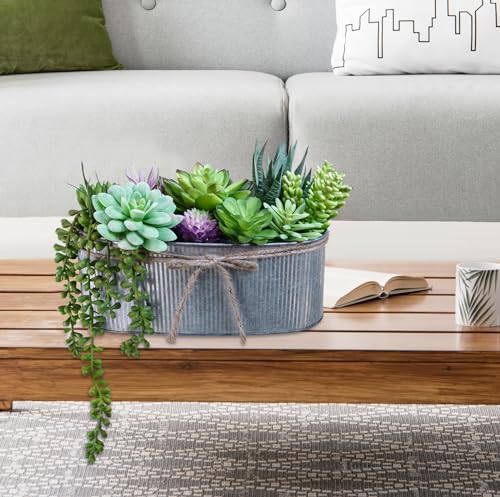 Winlyn 10" Artificial Succulent Arrangement Centerpiece Fake Succulent Plants in Rustic Metal Oval Planter Faux Potted Succulents for Home Office Bedroom Table Windowsill Shelf Mantel Decor