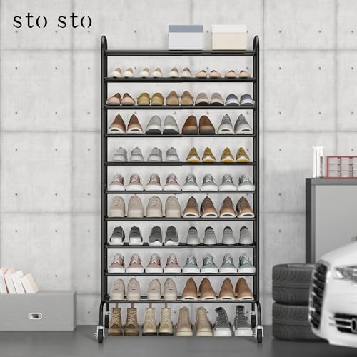 STO STO Expandable Shoe Rack, 10-Tier Metal Tall Shoe Rack for Garage, Up to 44 Pairs Adjustable Shoe Rack Storage for Front Door Entrance, Free Standing Shoe Rack Organizer for Entryway, Black - size: 10-Tier