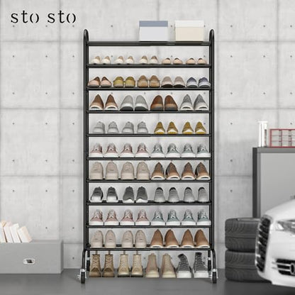 STO STO Expandable Shoe Rack, 10-Tier Metal Tall Shoe Rack for Garage, Up to 44 Pairs Adjustable Shoe Rack Storage for Front Door Entrance, Free Standing Shoe Rack Organizer for Entryway, Black - size: 10-Tier