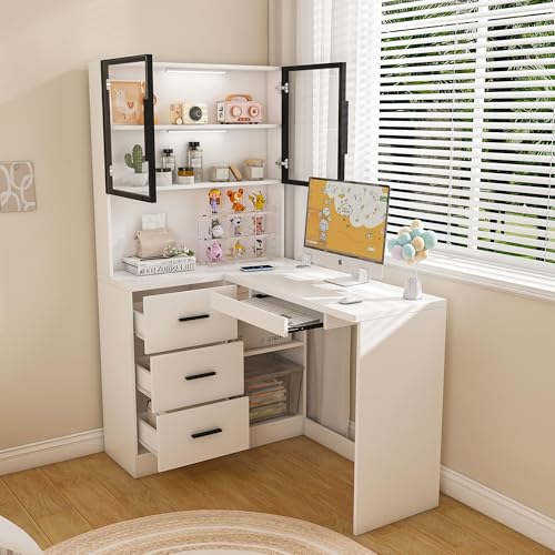 L-Shaped Computer Desk with Glass Cabinets & LED Lights, Corner Work Desk with Power Outlets and Slide Drawers, Home Office Desk with Storage Shelves, Corner Office Desk for Home Office, Study, Gaming - color: L-shape White