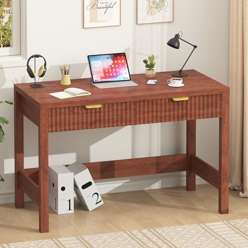 YOMILUVE Fluted Computer Desk with 2 Drawers, 39 Inch Small Computer Desk with Storage, Compact Writing Study Desk for Small Spaces, Red Walnut - color: Red Walnut