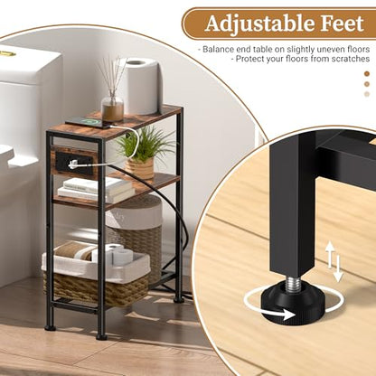 Small Narrow Side Table with Charging Station, Skinny End Table for Small Spaces, Slim Nightstand with Outlets, Sofa Bedside Table in Living Room, Bedroom, Study, Kitchen and Balcony (Rustic Brown) - color: Rustic Brown