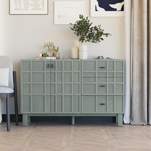 Aoikax Modern Sideboard Buffet Cabinet with 2 Doors & 3 Drawers, Minimalist Grid Carved Pine Front Storage Cabinet for Living Room, Kitchen, Ash Veneer Top, Metal Legs, Light Green - color: 2 Door & 3 Drawer, size: 1-PACK