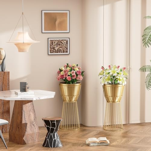 Metal Plant Stand with Pot, 12", Gold | Height 27", Tall Decorative Holder, Indoor Use, Modern Flower Potted Rack, Corner Display