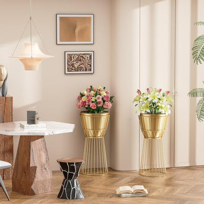 Metal Plant Stand with Pot, 12", Gold | Height 27", Tall Decorative Holder, Indoor Use, Modern Flower Potted Rack, Corner Display