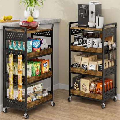 4 Tier Rolling Storage Utility Snack Cart on Wheels | durable metal and wood frame, suitable for kitchen bathroom pantry vanity bedroom living room dorm, no shake, move smoothly