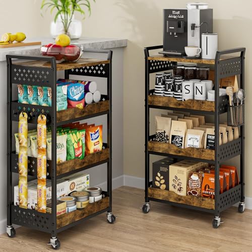4 Tier Rolling Storage Utility Snack Cart on Wheels | durable metal and wood frame, suitable for kitchen bathroom pantry vanity bedroom living room dorm, no shake, move smoothly