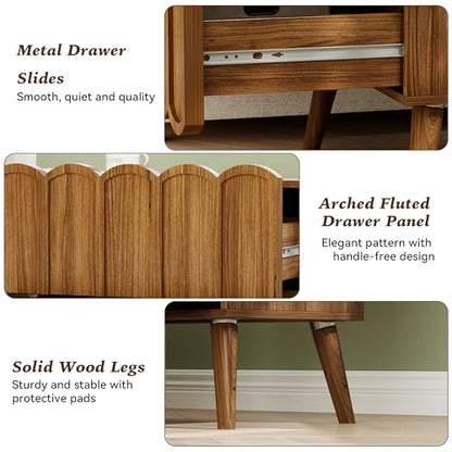 Modern Set of 2 Fluted Nightstand for Bedroom, Walnut Wood Bedside Table | Wood End Side Table with Arch Curved Design, Night Stand with 2 Drawer - color: Brown, size: 2 Pack