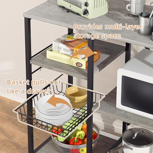 Shintenchi Kitchen Bakers Rack with Power Outlet, Multifunctional Organizer & Storage with 6 Hooks, Microwave Oven Stand, and Coffee Station Shelf, Grey - color: Gray