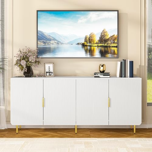 65" Fluted Sideboard Buffet Cabinet with Storage, Console Cabinet with 4 Doors & Adjustable Shelves, Modern Buffet Table for Kitchen Dining Living Room Hallway‌ Entryway, White - color: White