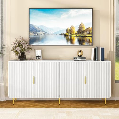 65" Fluted Sideboard Buffet Cabinet with Storage, Console Cabinet with 4 Doors & Adjustable Shelves, Modern Buffet Table for Kitchen Dining Living Room Hallway‌ Entryway, White - color: White