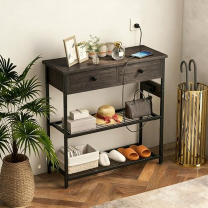 GOFLAME Console Table with Power Outlet, Narrow Entry Table with Drawers, 2 AC Outlets & 2 USB Ports, Sofa Table for Living Room Behind Couch, Living Room, Foyer, Grey Oak