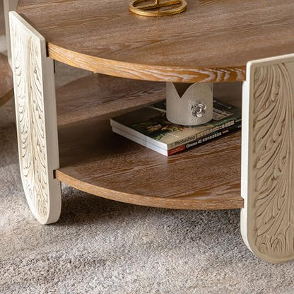 31.89'' Round Wood Coffee Table 2-Tier Circle Craft Rustic Coffee Table for Living Room, Modern Retro Farmhouse Carved Style, Easy Assembly, Natural Wood - color: Ø31.89''-natural Wood