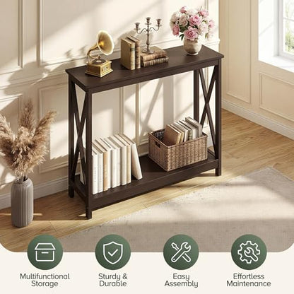 JupiterForce 39.4 Inch Console Table, Narrow 2-Tier Entryway Table with Storage Shelves, Sofa Side Table for Entryway, Living Room, Hallway, Office, Foyer, Brown - color: Brown