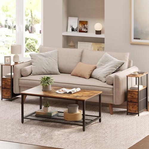 TUTOTAK Small Narrow End Table with Charging Station, Set of 2, Side Table with Outlets, Nightstand with 2 Cloth Drawers, Couch Table, for Living Room, Bedroom, Bedside, Brown TB01BB055 - color: Brown, style: 2 Drawers & Plug