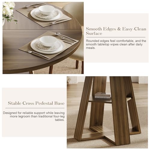 47.2" Round Dining Table for 4-6, Circle Kitchen Table with Open Storage Shelf, Farmhouse Dinner Table with Cross Pedestal Base for Dining Room, Kitchen, Living Room, Walnut - color: Walnut