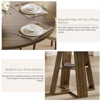 47.2" Round Dining Table for 4-6, Circle Kitchen Table with Open Storage Shelf, Farmhouse Dinner Table with Cross Pedestal Base for Dining Room, Kitchen, Living Room, Walnut - color: Walnut