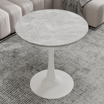 27.6" Marble Round Tulip Table, Mid-Century Modern Style Dining Table with White Pedestal Base for 2-4 People, Featuring A Marble Tabletop for Kitchen, Dining Room, Cafe (Light Grey) - color: Light Grey#white