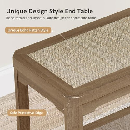 Eclatara Rattan Side Table End Table Farmhouse Boho Nightstand Set of 2 | 2 Tier Rattan Night Stand, Farmhouse Boho Bedside Tables with Ultra-Thick Legs for Bedroom Living Room(Oak,2 Pieces) - color: Caramel Oak, Geometric Edges