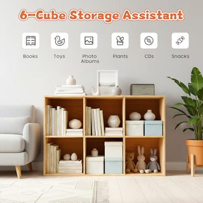 6-Cube Solid Wood Bookshelf, 3-Tier Storage Organizer Semi-Open Floor Display Shelf Closet Cabinet for Home Office Library School, 12" D x 35" W x 24" H - size: 6-Cube