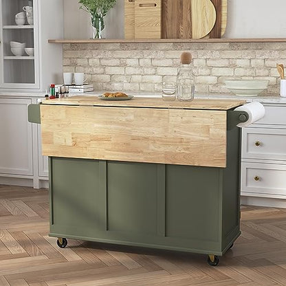 Homestyles Mobile Kitchen Island Cart with Wood Top and Dropleaf Breakfast Bar, 18" D x 53.5" W x 36" H, Green - color: Green