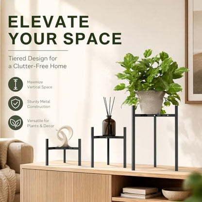3-Pack Metal Plant Stands Indoor, Adjustable Flower Pot Holder Set, Modern Plant Shelf for Living Room Balcony Patio Office Corner (Fits 8-12 Inch Pots)