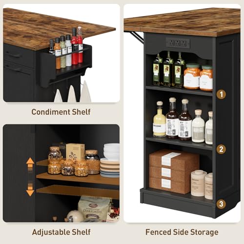 RALGEND Kitchen Island with Power Outlet & Drop Leaf, Rolling Storage Cart with Trash Storage Cabinet, Farmhouse Mobile Island Table for Kitchen, Dining Room, Hidden Casters, Black and Rustic Brown - color: Black + Rustic Brown