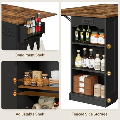 RALGEND Kitchen Island with Power Outlet & Drop Leaf, Rolling Storage Cart with Trash Storage Cabinet, Farmhouse Mobile Island Table for Kitchen, Dining Room, Hidden Casters, Black and Rustic Brown - color: Black + Rustic Brown