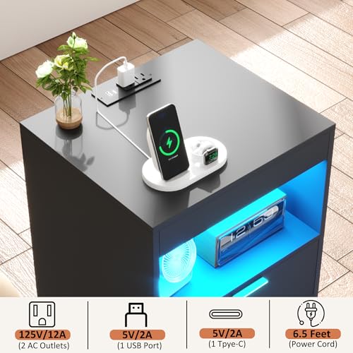 Gadroad Night Stand, LED Nightstand with Charging Station, Wood Bedside Table, End Table Sofa Couch Side Table with Pull-Out Shelf, Black - color: Black