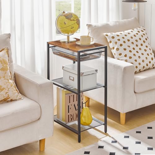 HOOBRO 28.7 Inch Tall Side Table, 3-Tier Industrial Telephone End Table with Adjustable Metal Mesh Basket, Desk Side Table with Storage Shelves, for Living Room, Bedroom, Rustic Brown BF06DH01 - color: Rustic Brown + Black