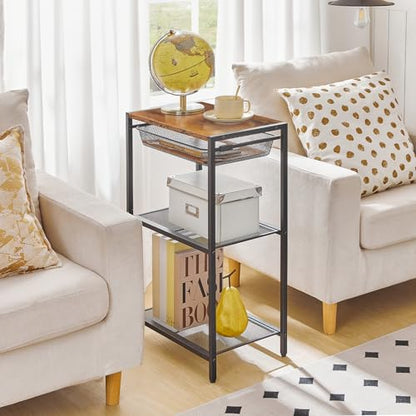 HOOBRO 28.7 Inch Tall Side Table, 3-Tier Industrial Telephone End Table with Adjustable Metal Mesh Basket, Desk Side Table with Storage Shelves, for Living Room, Bedroom, Rustic Brown BF06DH01 - color: Rustic Brown + Black