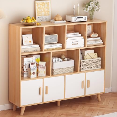 OSCHF Cubby Shelf Bookcase with Doors - Wooden 11 Cube Floor Standing Open Bookshelf with Solid Wood Legs, 3-Tier Storage Cabinet, Oak and Warm White - color: Oak + White
