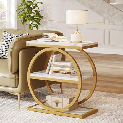 Tribesigns End Table with Storage Shelves, 3-Tier Wooden Industrial Sofa Side Table with Black Metal Frames for Living Room, Slim Nightstand and Bedside Table for Bedroom, White & Gold - color: White