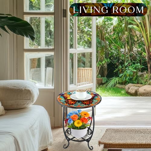 Cinnvoice Outdoor Side Table Round Small Mosaic Patio Accent Indoor End Plant Coffee Tea Table for Yard Patio Porch Garden Living Room, Bedroom(Butterfly B Style,12 Inch) - size: 12 Inch, style: Butterfly B Style