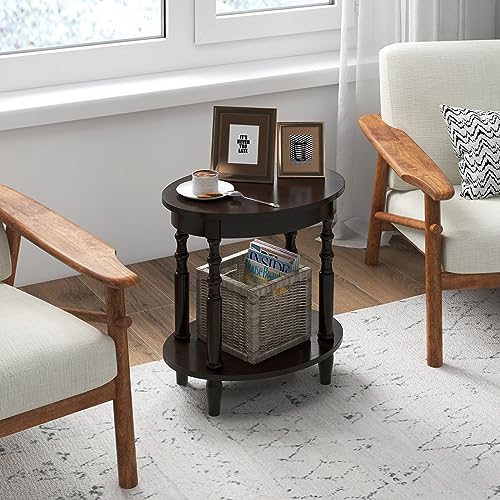 Giantex Oval End Tables Set of 2, 2-Tier Side Tables with Storage Shelf & Solid Wood Legs, Modern Living Room Accent Table, Wood Nightstand for Bedroom, Small Space, 20.5"L x 15.5"D x 24.5"H, Espresso - color: Espresso