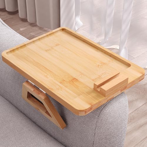 Couch Arm Tray with 360°Phone,Bamboo Folding Sofa Tray,Sofa Armrest Trays Clip-On Couch Desk for Drinks,Snacks,Phone,Remote Control（Natural） - color: Natural, style: 13.0" x 9.4"Phone Holder