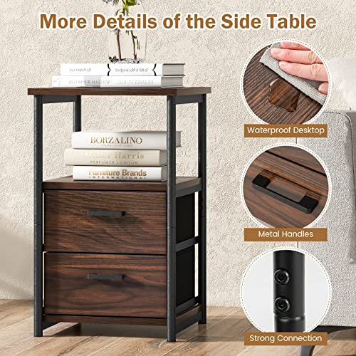 Tangkula Nightstand, Sofa Side End Table with Open Shelf & 2 Drawers, Metal Frame Bedside Table, Wooden Top 2 Drawer Dresser, Storage Unit for Bedroom, 13.5 x 12 x 23 Inch (2, Walnut)