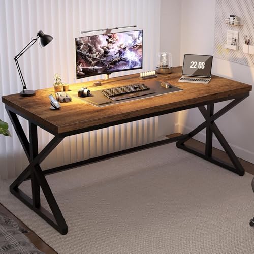 Industrial Computer Desk, Wooden Metal Office Desks Rustic Brown 60 in | Large Long Simple Gaming Executive Computer Desk Table, Wood Student Study Computer Table for Bedroom Living Room - color: Rustic Brown Oak, size: 60 Inch