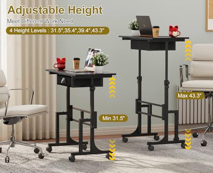 Adjustable Height Standing Desk With Drawer, Rolling Sit Stand Up Desk With Wheels, Small Sit To Stand Computer Desk, Adjustable Desktop Height, On Wheels, Black, For Walking Pad Laptop Treadmill - color: Black, size: With Drawer