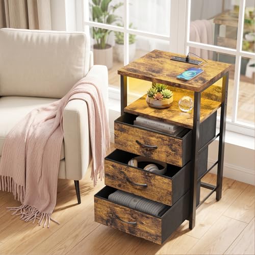 Fixwal Night Stand with Charging Station, LED Nightstand with Fabric Drawers, End Table with PU Finish, Bed Side Table, Rustic Brown - color: Rustic Brown, size: 27.6"H (3 drawers), style: Power+Light (1pc)