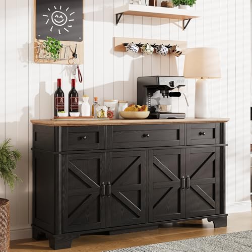 BestHaped Farmhouse Buffet Cabinet with Storage, 55 Inch Black Sideboard Buffet Cabinet with Adjustable Shelves & 3 Drawers, Buffet Table Coffee Bar Wine Bar Storage for Kitchen & Living Room - color: Black, size: 55 inch
