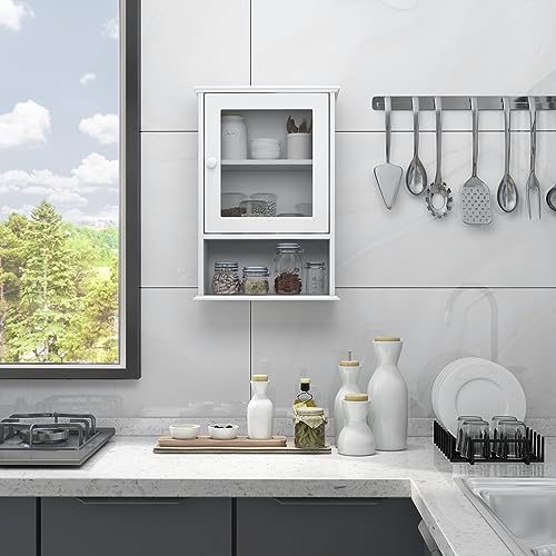 Tangkula Bathroom Cabinet, Wall Mounted Storage Organizer W/Door and Open Shelf, Hanging Medicine Cabinet, White