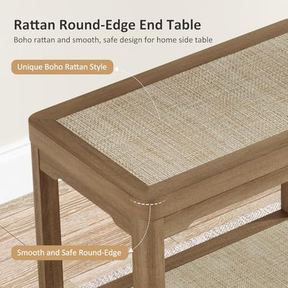 Eclatara Rattan Side Table End Table Set of 2 with Round Edge Design | 2 Tier Rattan Night Stand, Farmhouse Boho Bedside Tables with Ultra-Thick Legs for Bedroom Living Room(Caramel Oak,2 Pieces) - color: Caramel Oak, Round Edges