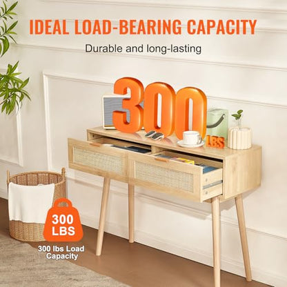 VEVOR Rattan Console Table with 2 Storage Drawers, Rattan Entryway Table with Natural Rattan Sliding Door, Console Sofa Table for Living Room, Study, Entryway Or TV Wall, Natural - size: 2 Drawers